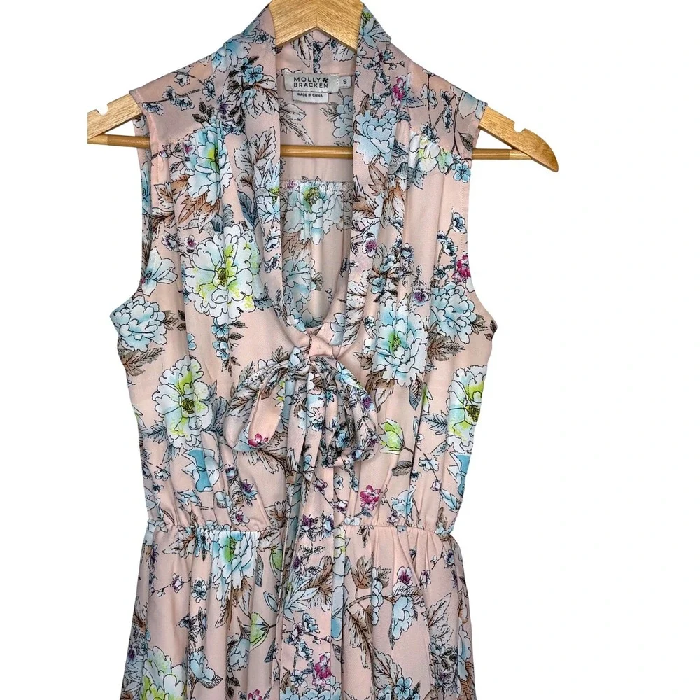 Molly Bracken Floral Tie Neck Mini Dress Womens Size S Pink Sleeveless Fit Flare